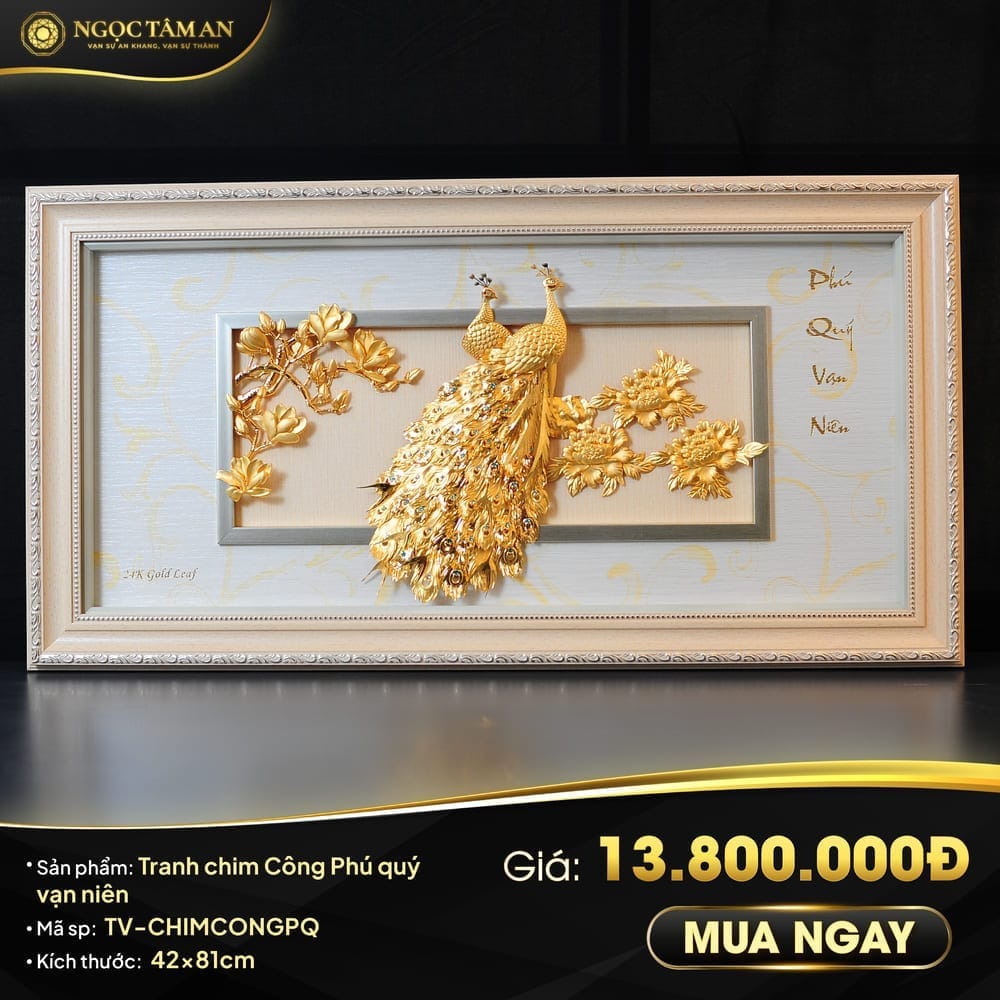 Tranh chim Công Phú quý vạn niên mạ vàng (42x81cm ngang)