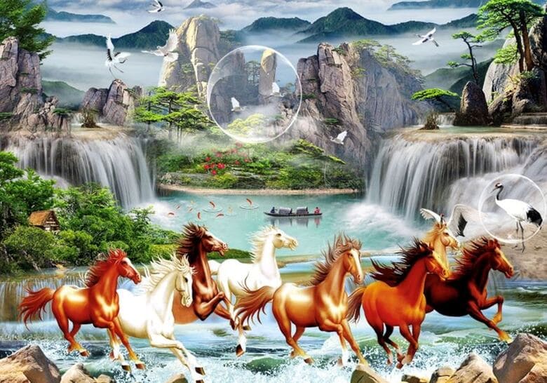 Tranh mã đáo thành công nền sơn thủy