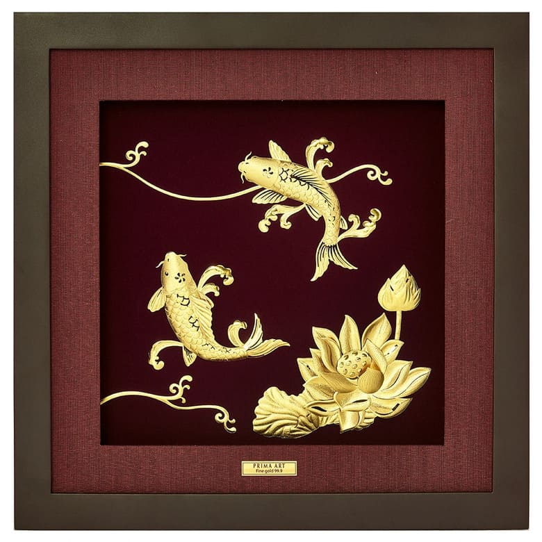 Tranh hoa sen cá chép mạ vàng