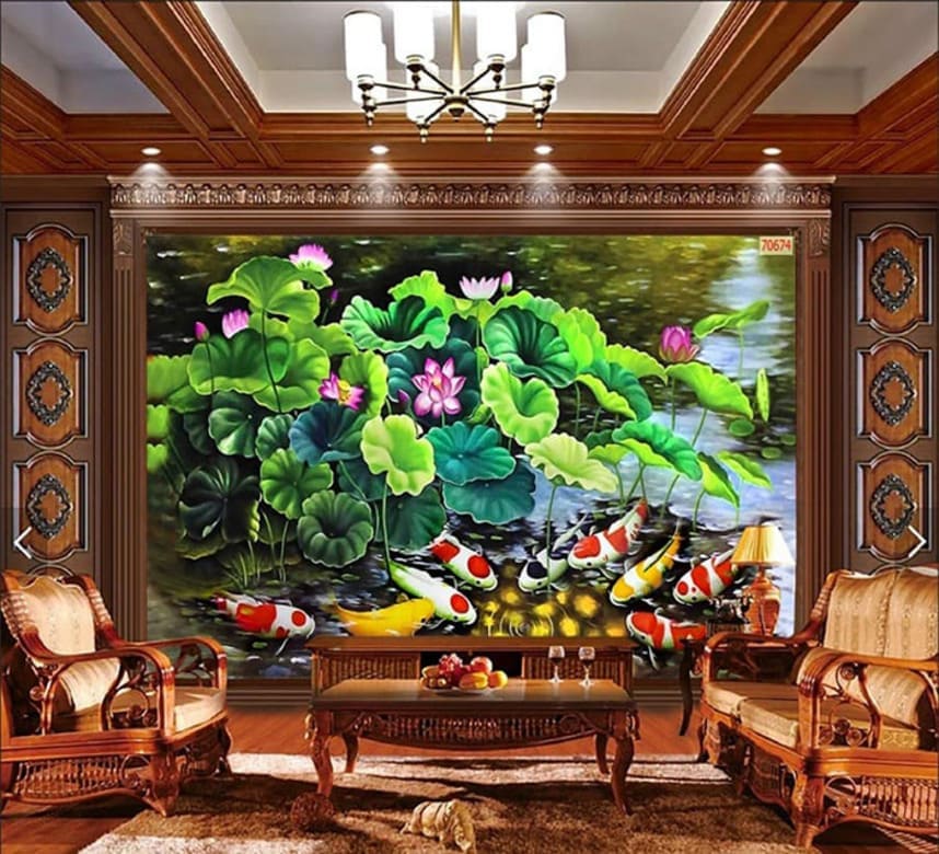 Tranh treo hoa sen và cá chép tại phòng khách