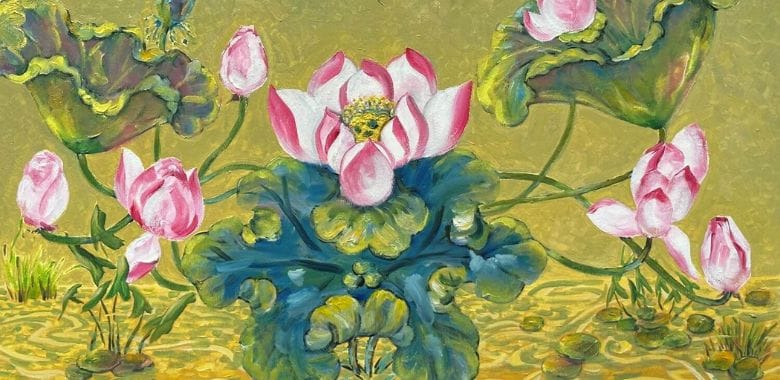 Tranh hoa sen bằng sơn dầu chân thực