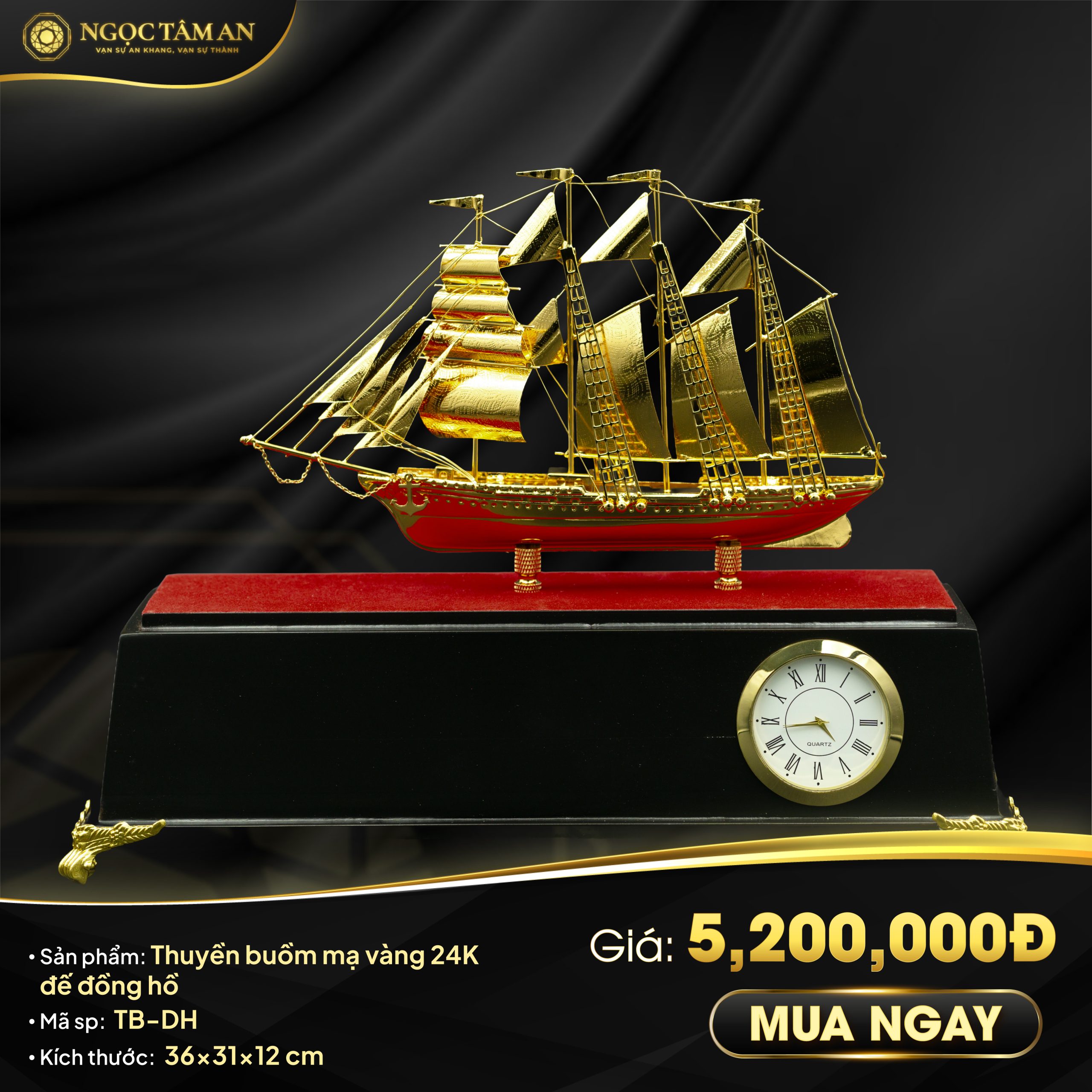 Thuyền buồm mạ vàng đế đồng hồ để bàn
