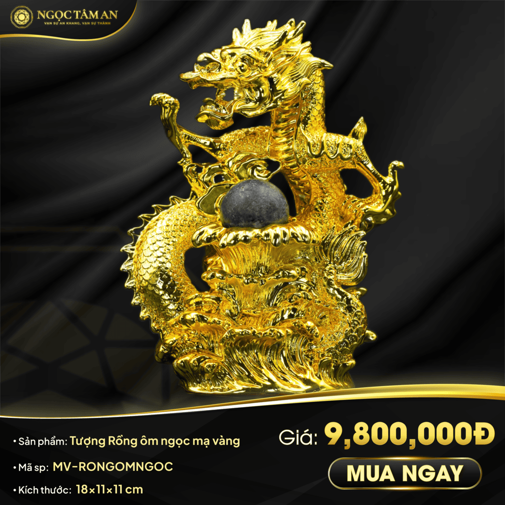 Tượng Rồng ôm ngọc mạ Vàng 24K