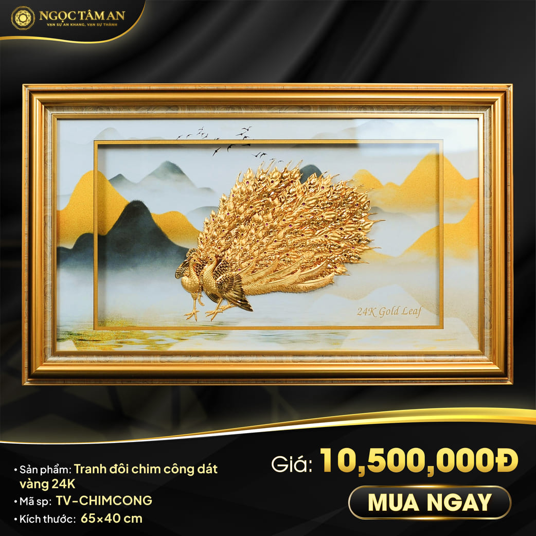 Tranh đôi chim công dát vàng 24K