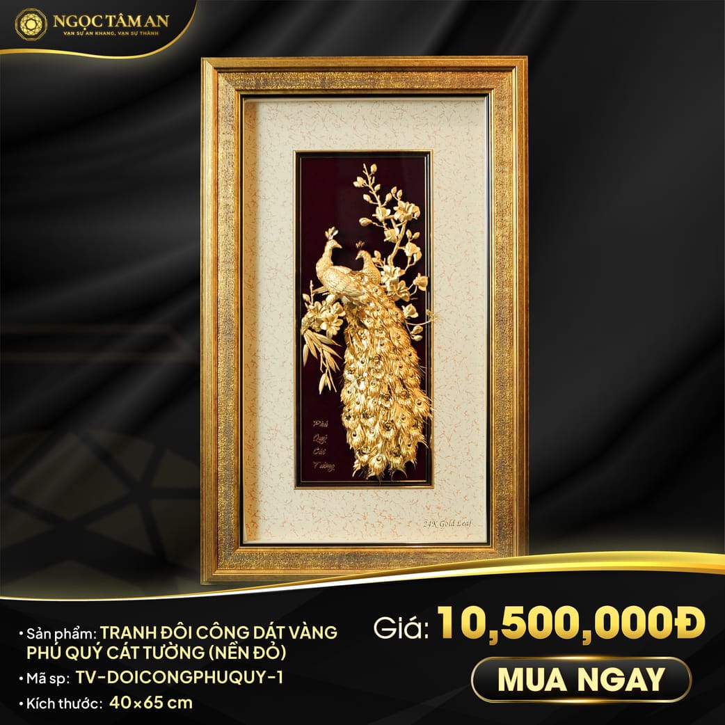 Tranh đôi công Phú quý cát tường dát vàng (nền đỏ)