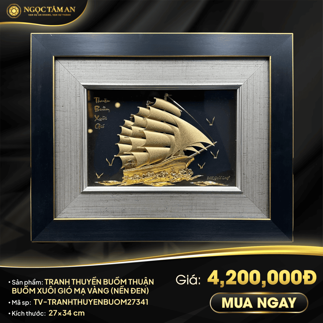 Tranh thuyền buồm thuận buồm xuôi gió mạ vàng (nền đen) 27x34cm