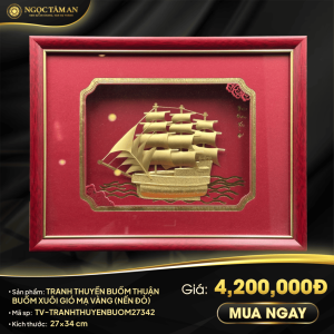 Tranh thuyền buồm thuận buồm xuôi gió mạ vàng (nền đỏ)