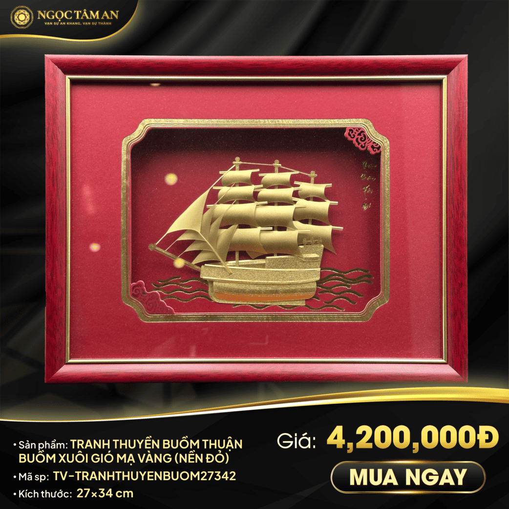 Tranh thuyền buồm thuận buồm xuôi gió mạ vàng (nền đỏ)