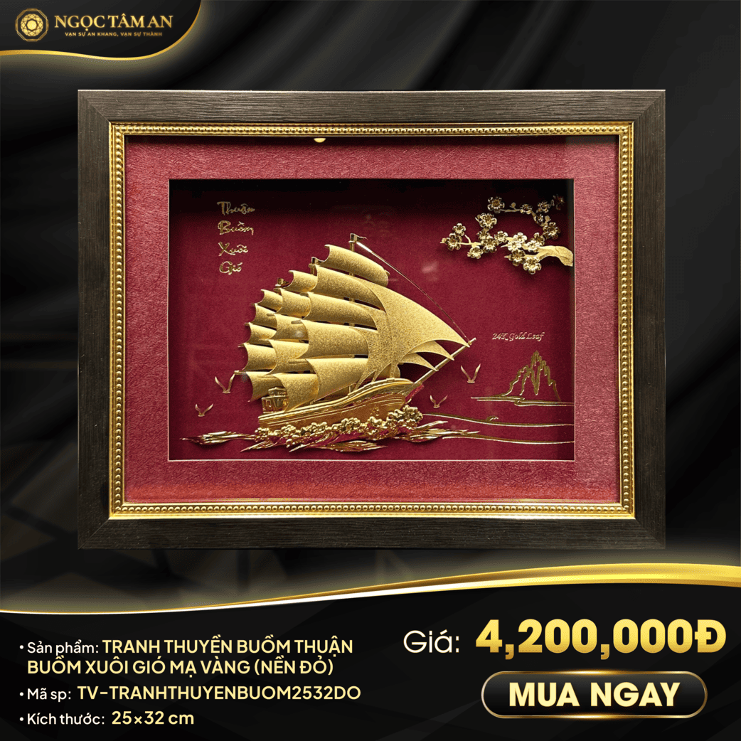 Tranh thuyền buồm thuận buồm xuôi gió mạ vàng (nền đỏ) 25x32cm