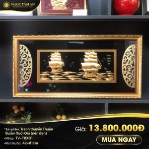 Tranh thuyền Thuận Buồm Xuôi Gió mạ vàng (nền đen 42x81cm)