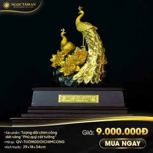 Tượng đôi chim công dát vàng "Phú quý cát tường"