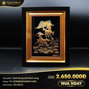 Tranh Song mã thành công dát vàng 20x25cm (nền đen)