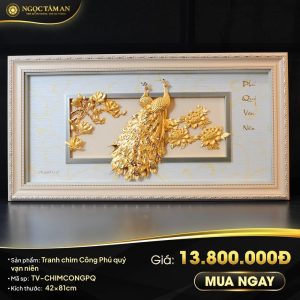 Tranh chim Công Phú quý vạn niên mạ vàng (42x81cm ngang)