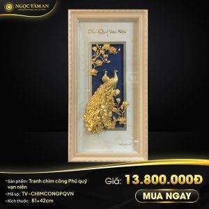 Tranh chim công Phú quý vạn niên mạ vàng (42x81cm dọc)