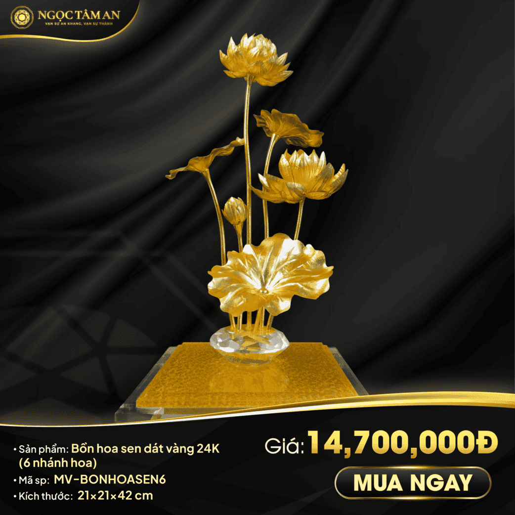 Bồn hoa sen dát vàng 24K (6 nhánh hoa)