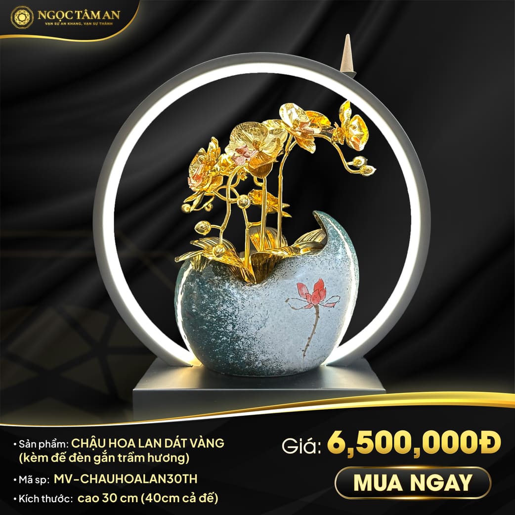 Chậu Hoa Lan Dát Vàng (Kèm Đèn Gắn Trầm Hương)