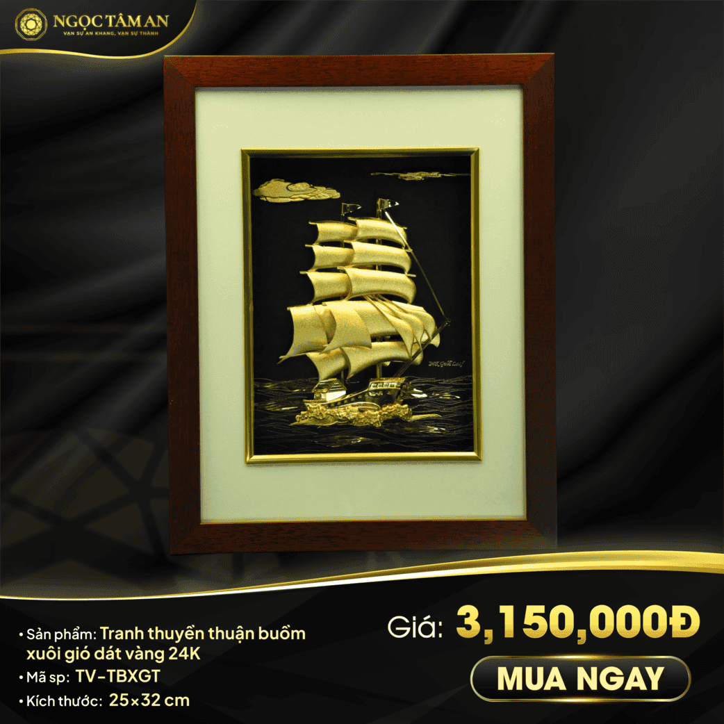 Tranh Thuyền thuận buồm xuôi gió mạ vàng (nền trắng)