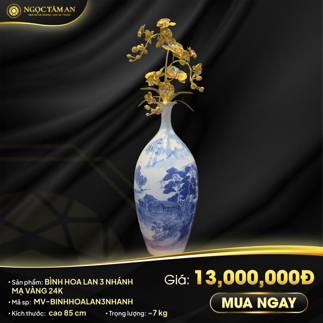 Bình Hoa Lan 3 Nhánh Mạ Vàng 24K Trong Bình Gốm Sứ