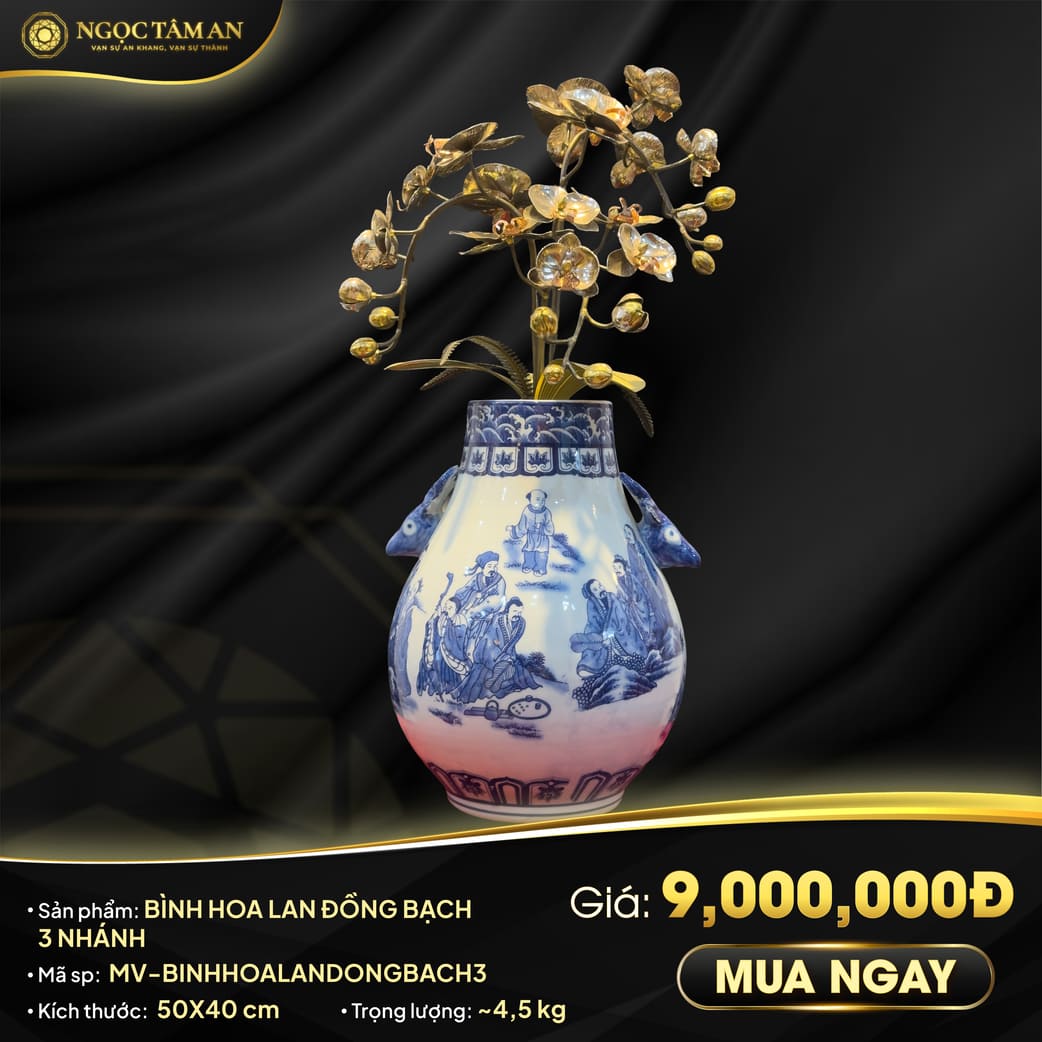 Bình Hoa Lan Đồng Bạch 3 Nhánh