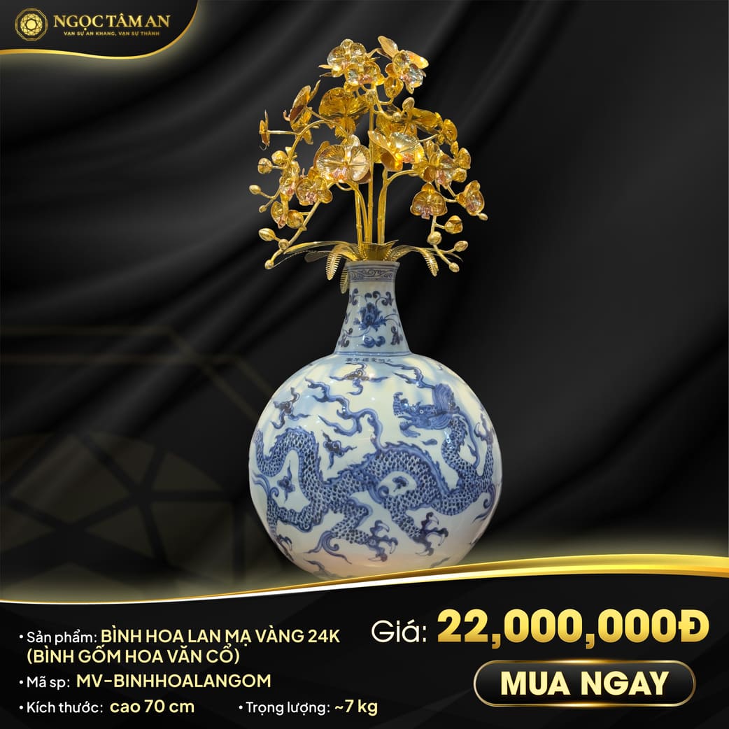 Bình Hoa Lan Mạ Vàng 24K (Bình Gốm Hoa Văn Cổ)