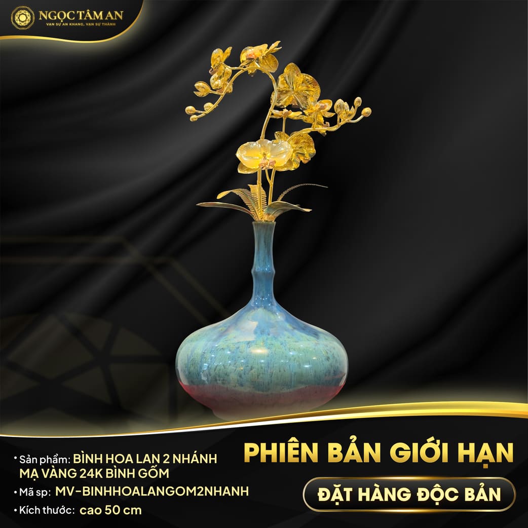 Bình Hoa Lan Gốm 2 Nhánh Độc Bản Mạ Vàng 24K