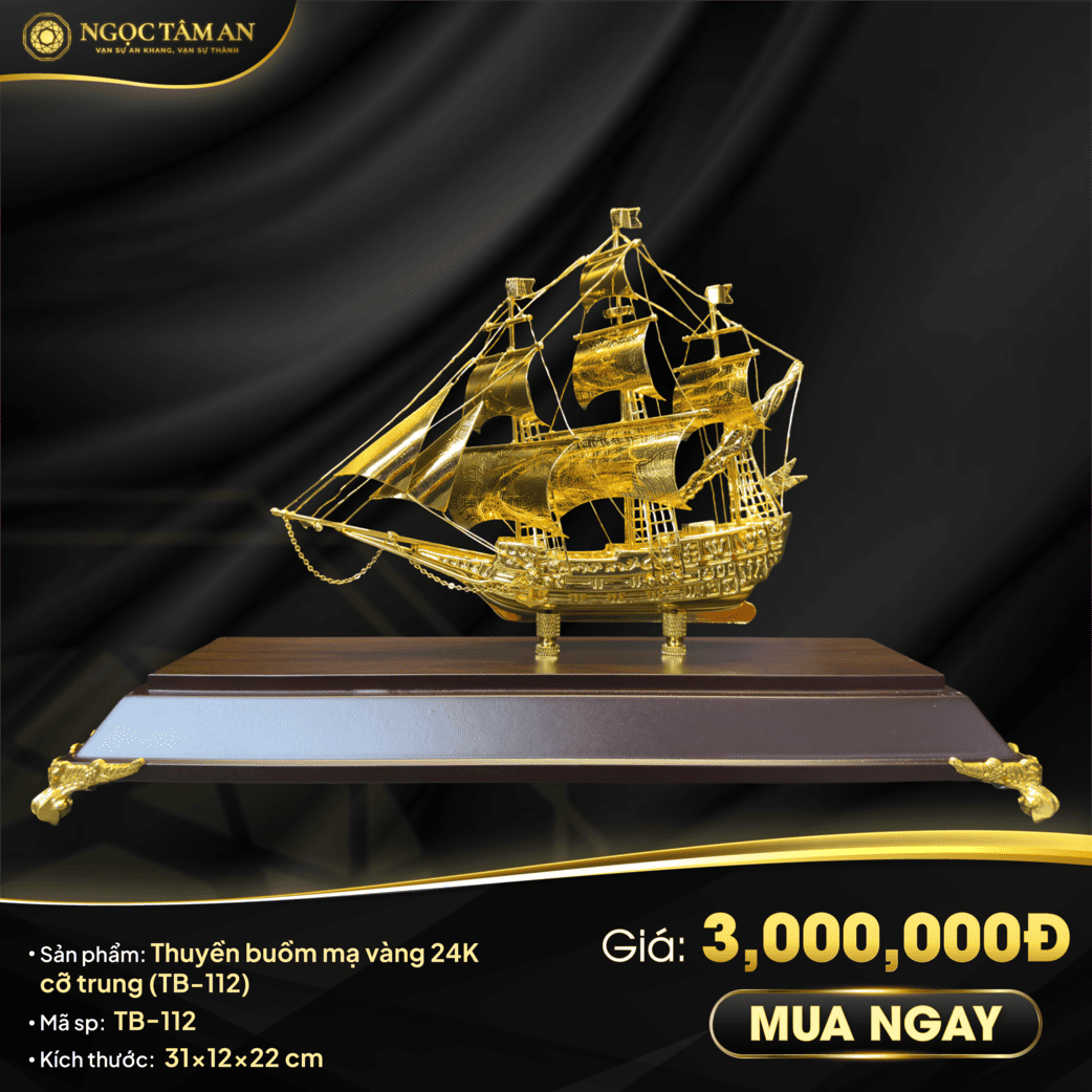 Mô hình thuyền buồm mạ vàng 24K cỡ trung - TB-112