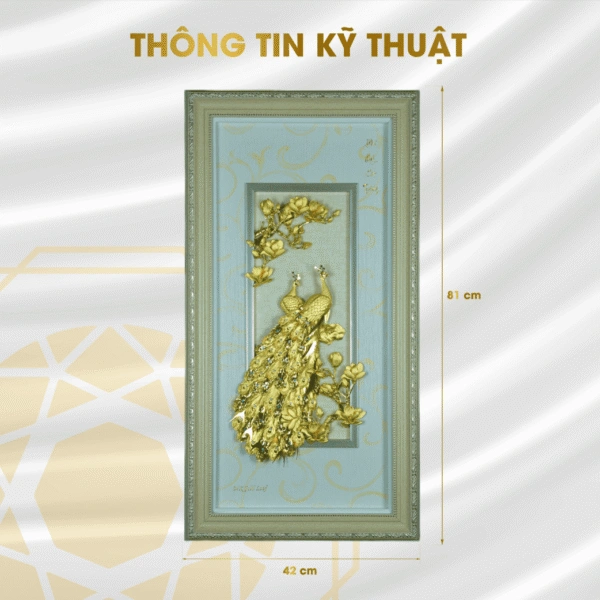 Tranh chim Công phú quý cát tường dát vàng 24K kích thước 81×42 cm