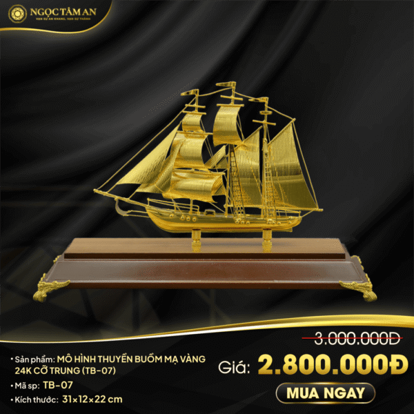 Mô hình thuyền buồm mạ vàng 24K cỡ trung - TB-07