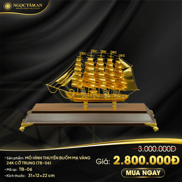 Mô hình thuyền buồm mạ vàng 24K cỡ trung - TB-06