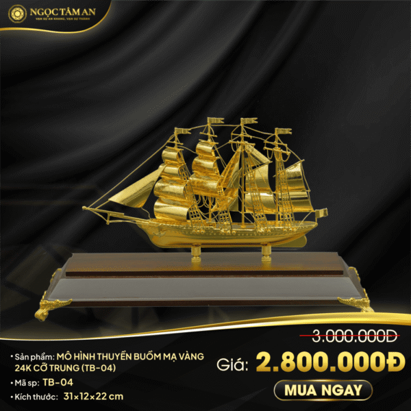 Mô hình thuyền buồm mạ vàng 24K cỡ trung - TB-04
