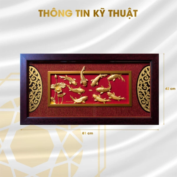 Tranh Cửu Ngư Quần Hội dát vàng 24K (nền đỏ) - kích thước 42x81cm 