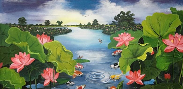 Tranh hoa sen cá chép phù hợp với người mệnh Thủy