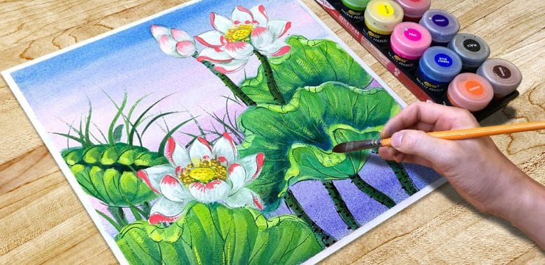 Tranh hoa sen bằng màu nước