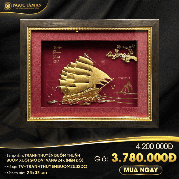 Tranh thuyền buồm thuận buồm xuôi gió dát vàng 24K (nền đỏ) 25x32cm