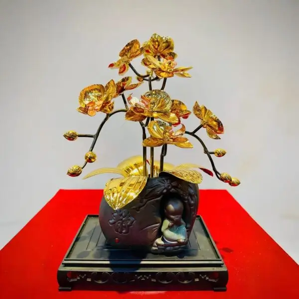 Chậu hoa lan dát vàng 24K chú tiểu ( 3 nhánh )