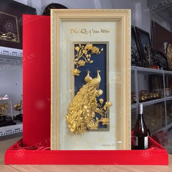 Tranh chim công Phú Quý Vạn Niên dát vàng 24K